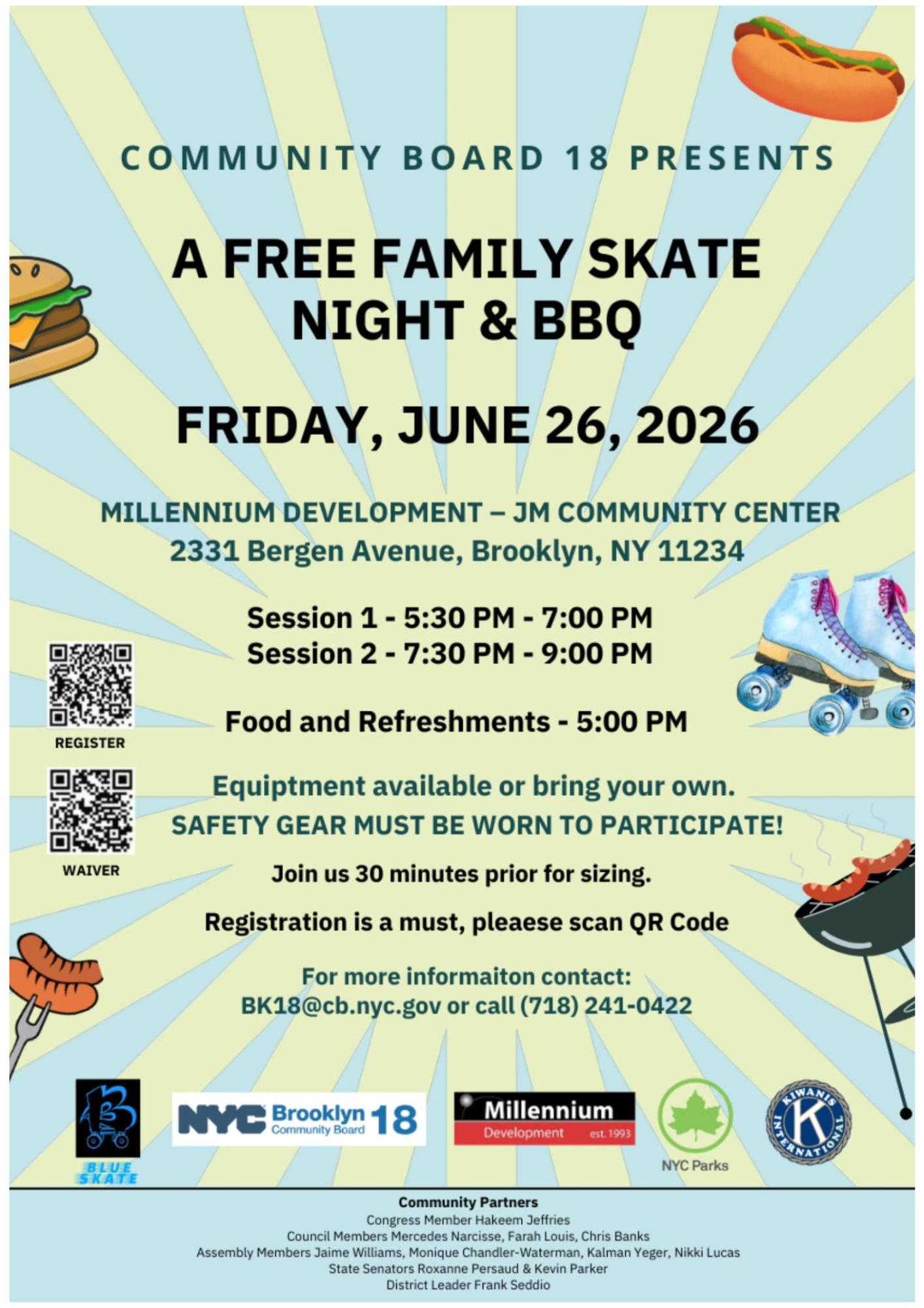 A Free Family Skate Night & BBQ — Community Board 18 event flyer, Friday June 26 2026, Millennium Development JM Community Center, 2331 Bergen Avenue Brooklyn NY 11234
