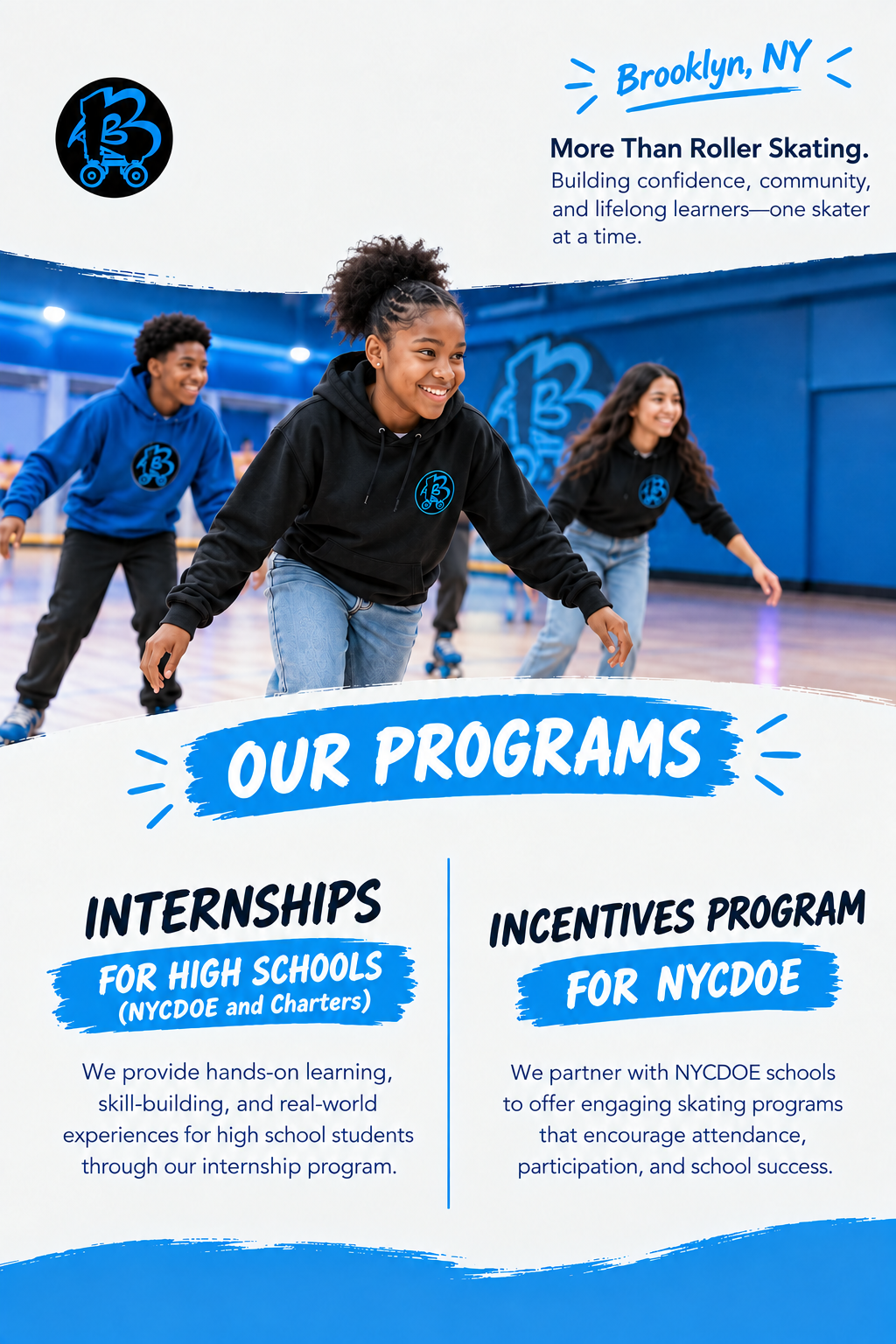 High school students in Blue Skate hoodies roller skating together at the rink